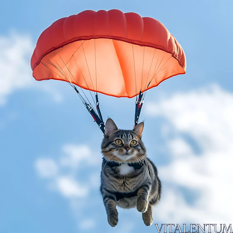 Flying Cat with Orange Parachute AI Image