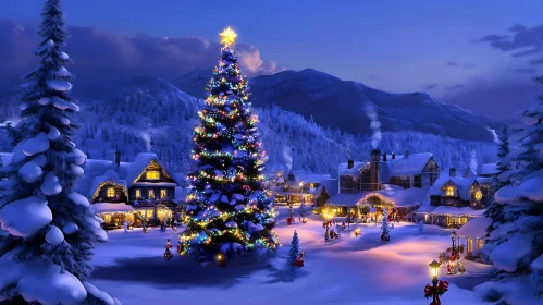 Snowy Christmas Village at Dusk with Decorated Tree