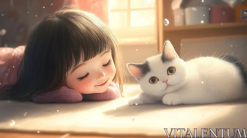 AI ART Young Child and Kitten Basking in Warm Light