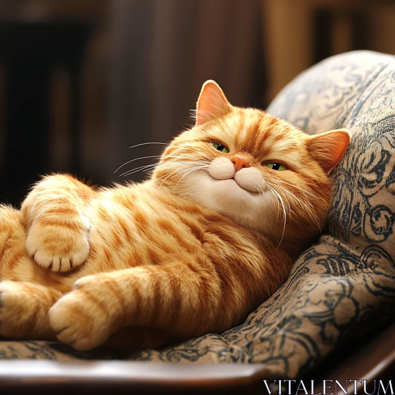 Relaxed Ginger Cat on Patterned Cushion AI Image