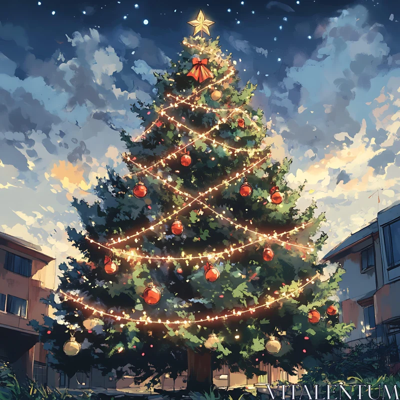 Festive Christmas Tree with Lights and Ornaments AI Image