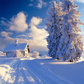 Snowy Cabin in a Peaceful Winter Landscape