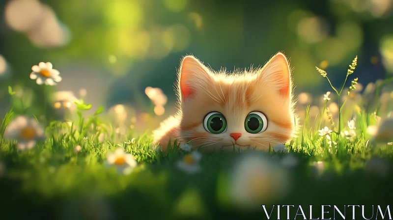 Cute Kitten with Big Green Eyes in a Meadow AI Image