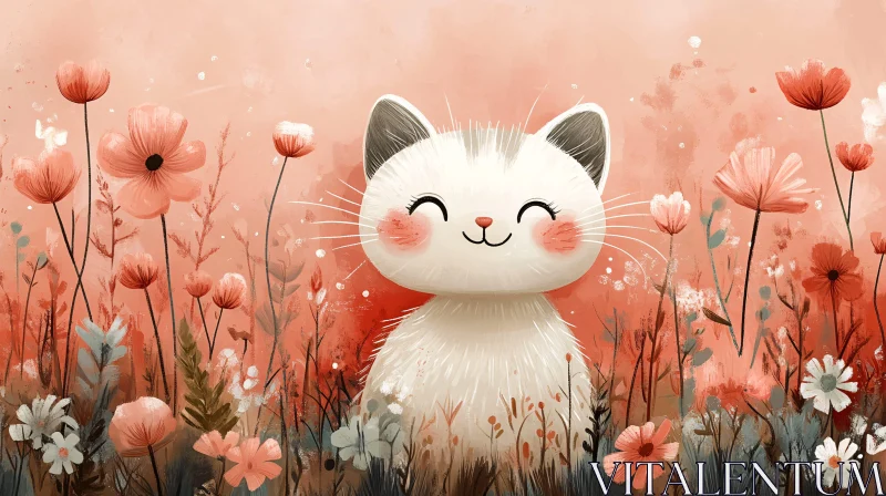 Charming Cat in Pastel Flower Field AI Image