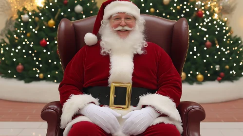 Joyful Santa Claus Seated Near Christmas Decorations