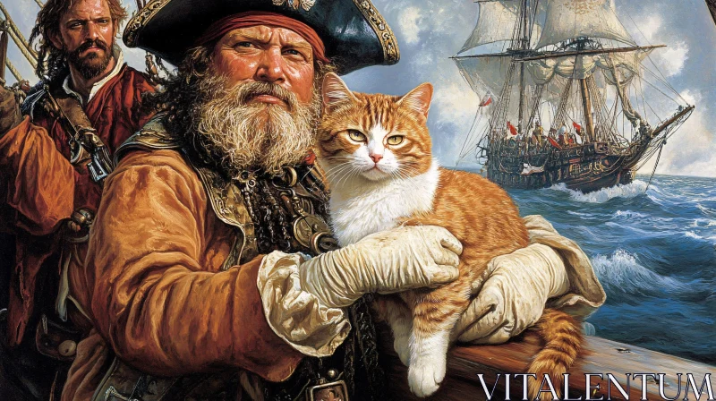 Seafaring Pirate and Cat with Historic Ship Painting AI Image