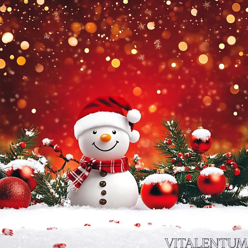 Festive Snowman Amidst Christmas Ornaments and Glowing Red Background AI Image