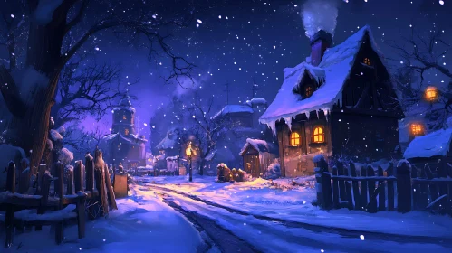 Peaceful Snowy Village at Night