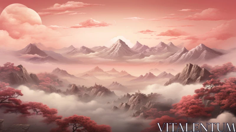 Asian-Inspired Mountain Scene with Pink Clouds and Mystical Ambiance AI Image