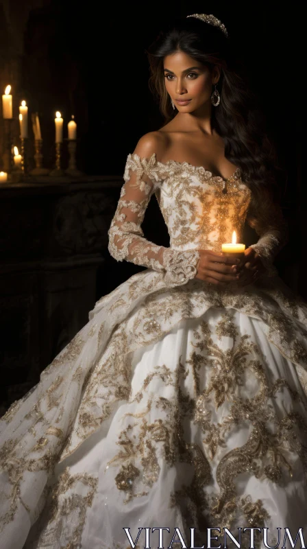 Bride in Baroque-Inspired Wedding Gown Holding Candles AI Image