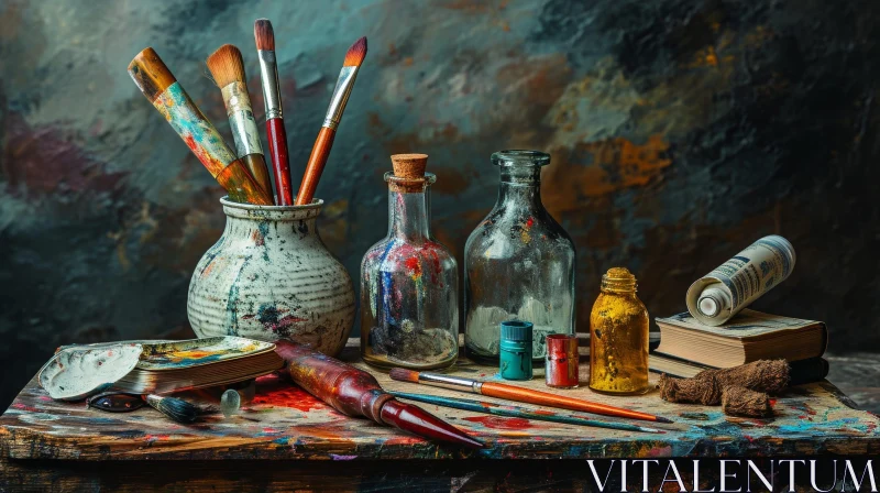Captivating Still Life: Artist's Tavolozza with Paintbrushes, Bottles, and Books AI Image