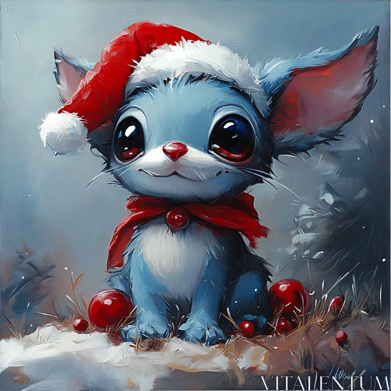 Charming Winter Cartoon of Blue Creature with Santa Hat AI Image