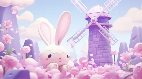 Charming Pink Bunny Animation in a Meadow with a Windmill