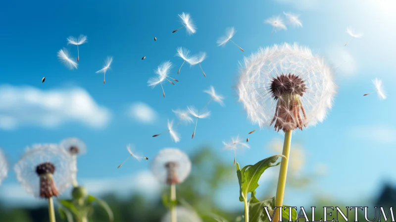 Dandelion Seeds Blowing in the Wind against a Sky-Blue Background AI Image