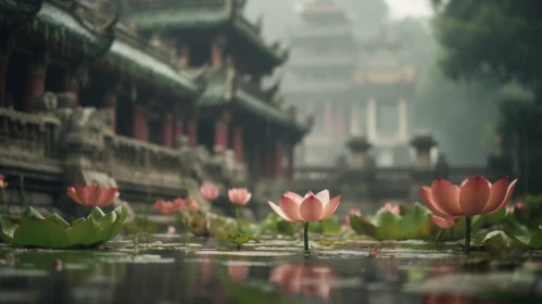 Delicate Pink Lotus Flowers in Tranquil Pond with Chinese Temple