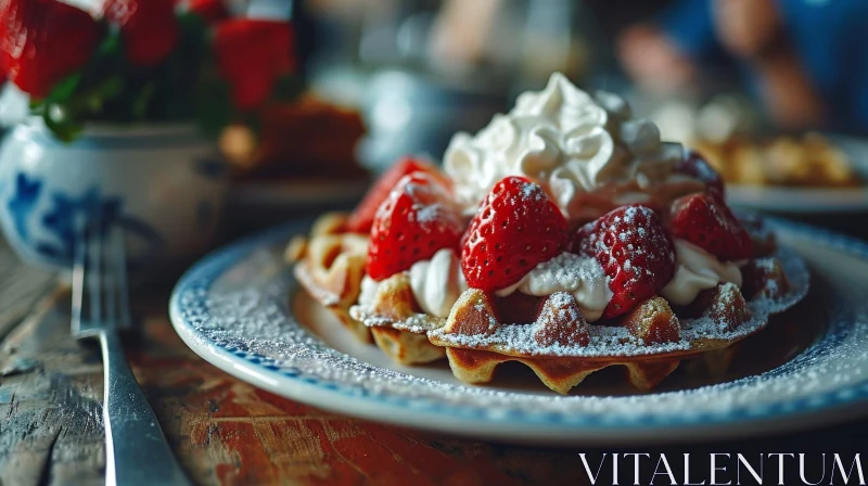 AI ART Delicious Golden Brown Waffles with Fresh Strawberries and Whipped Cream