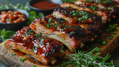 Delicious Grilled Pork Ribs with Barbecue Sauce and Beans