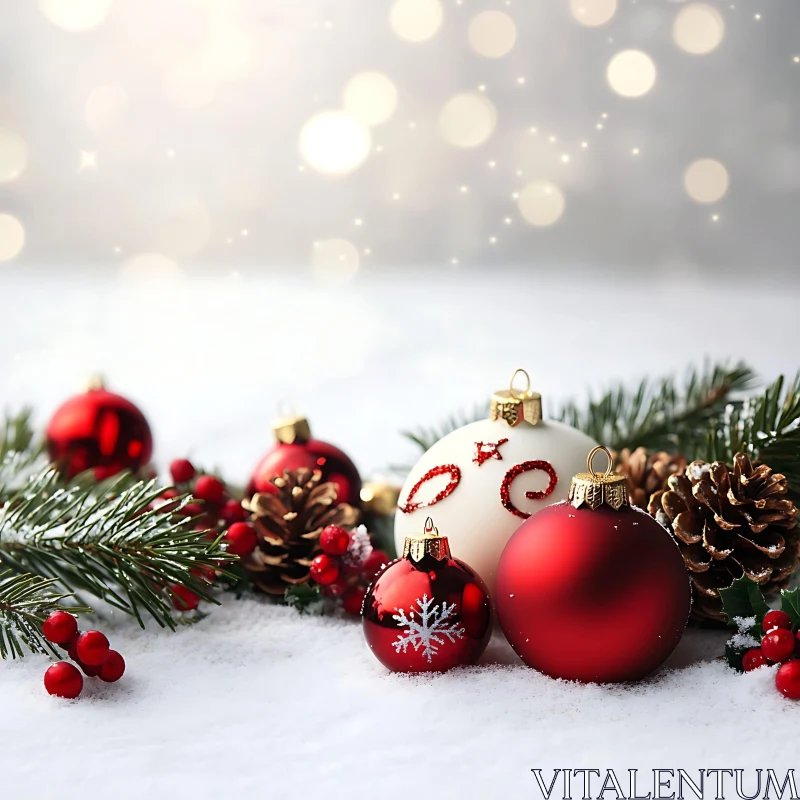 Holiday Baubles and Evergreen Decorations AI Image