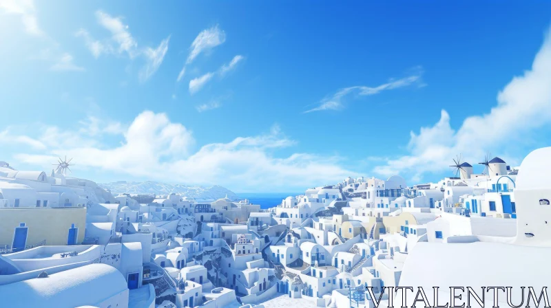 Greek Island Art: Snowy Cityscape with Ancient Architecture AI Image