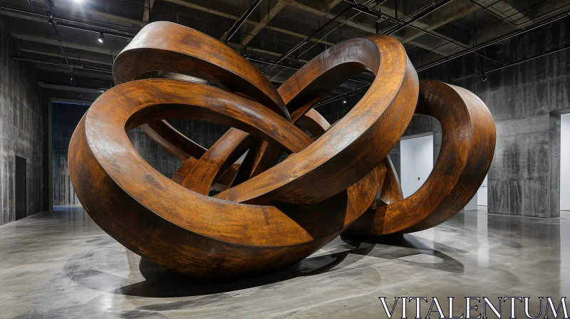 Rusty Metal Sculpture: Abstract Interlocking Loops on Concrete Floor AI Image