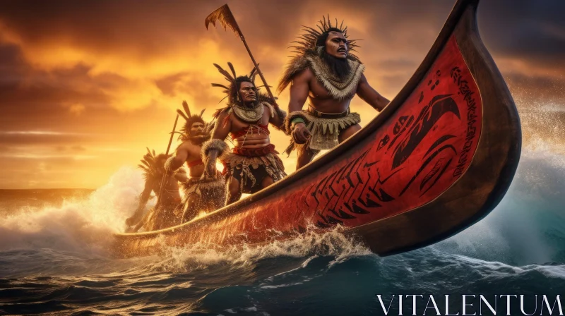 Serenity Unveiled: Natives Aboard a Canoe at Sunset in Unreal Engine 5 Style AI Image