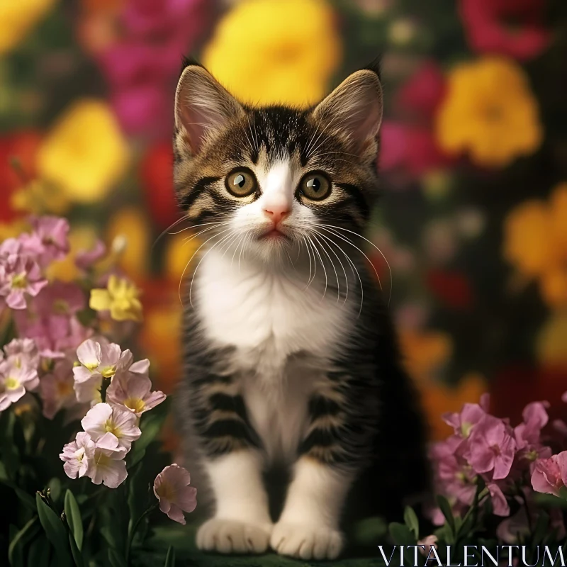 Charming Kitten Surrounded by Colorful Blooms AI Image