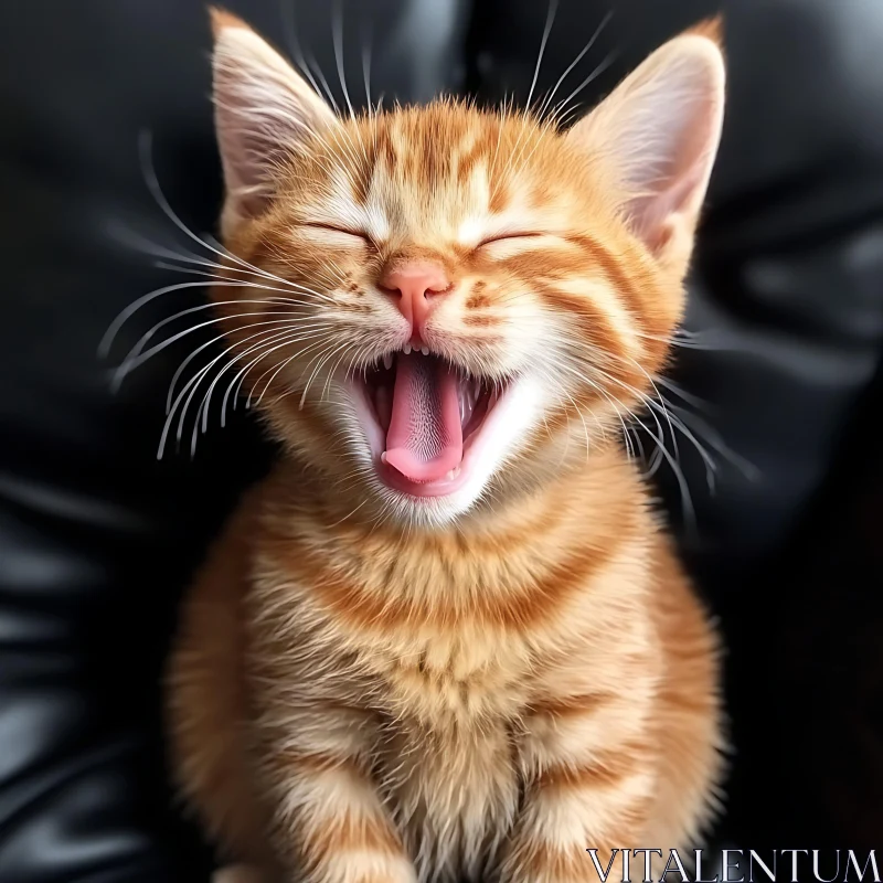 Cute Kitten Yawning on Black Leather AI Image