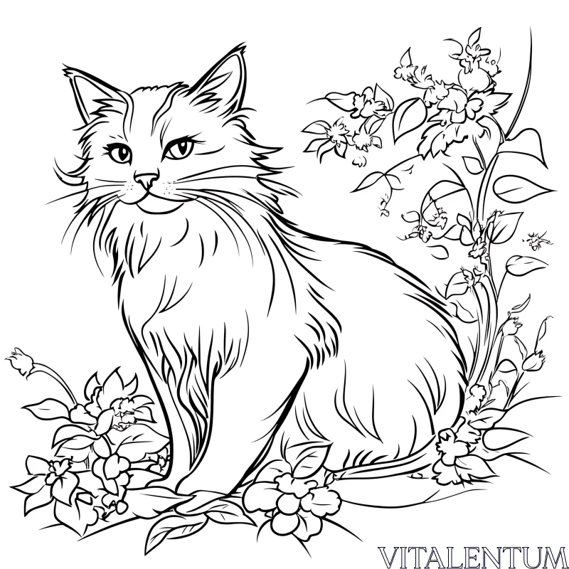 Intricate Cat and Flower Line Drawing AI Image