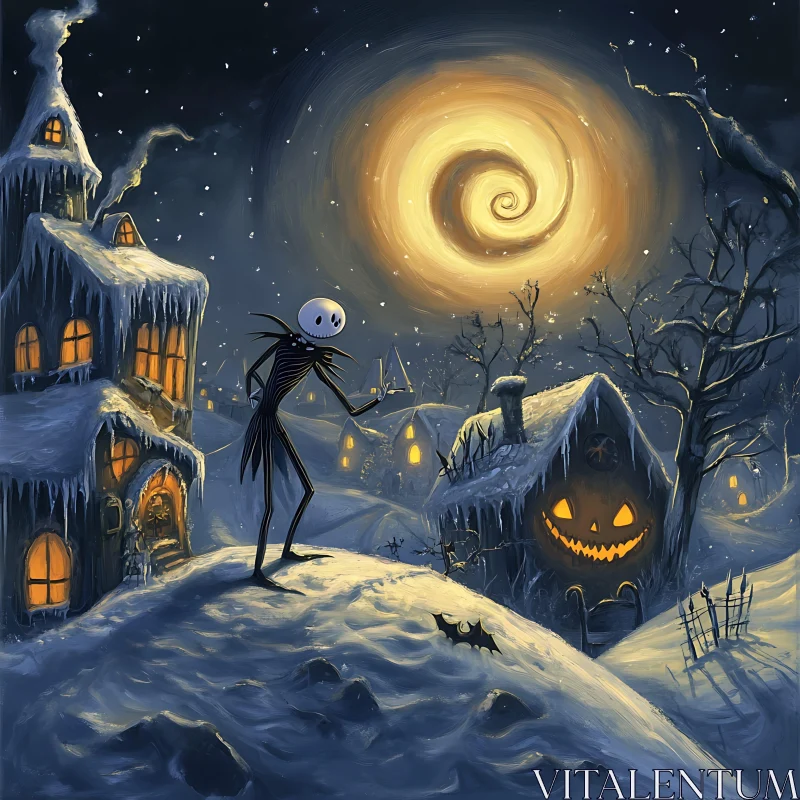 Eerie Skeleton in Snowy Magical Village at Night AI Image