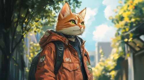 Animated Cat Wearing Stylish Jacket in Cityscape