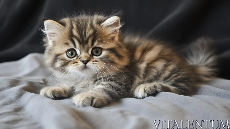 Cute Kitten with Large Eyes on a Grey Fabric Background AI Image