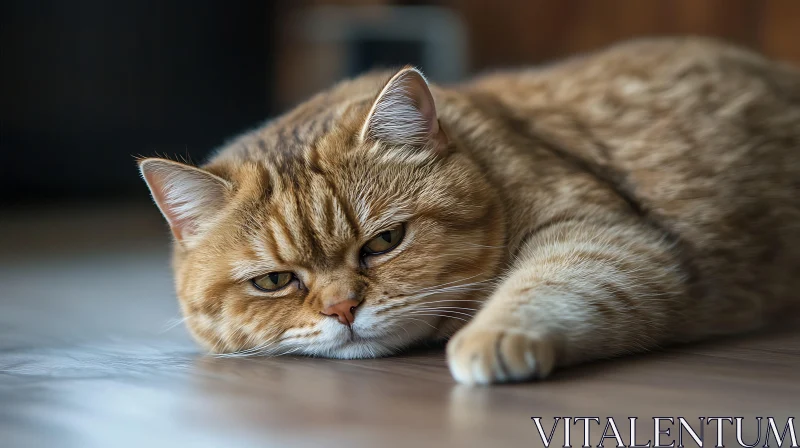 Orange Tabby Cat Resting on Wooden Floor Close-Up AI Image