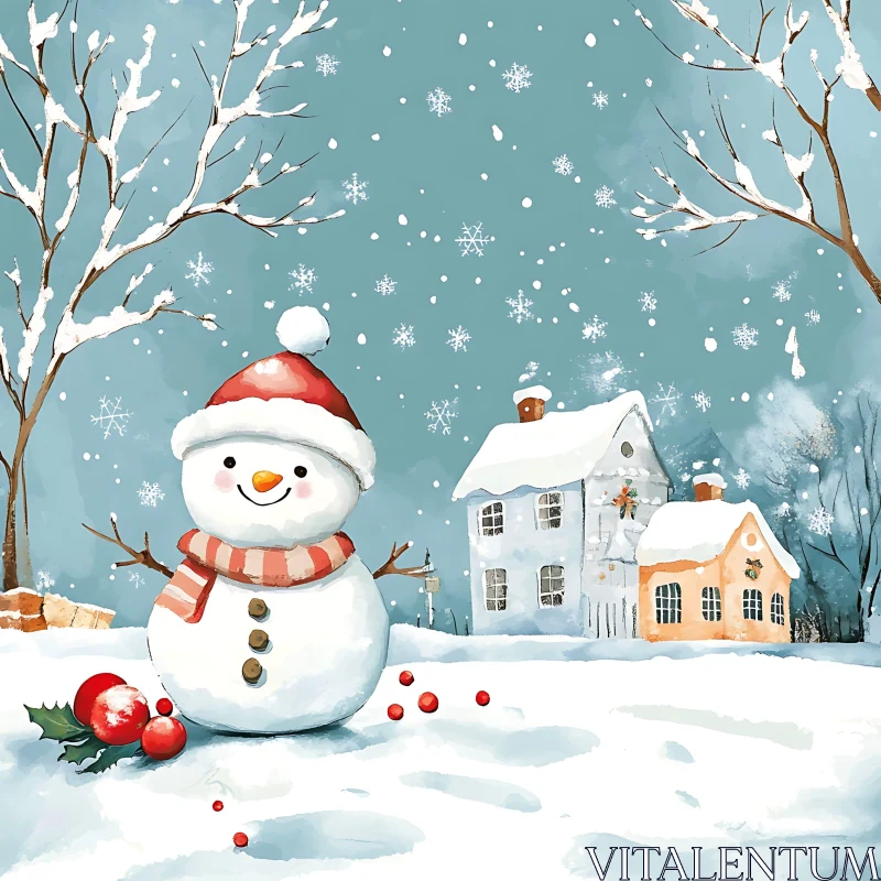 Winter Snowman with Holiday Decorations AI Image