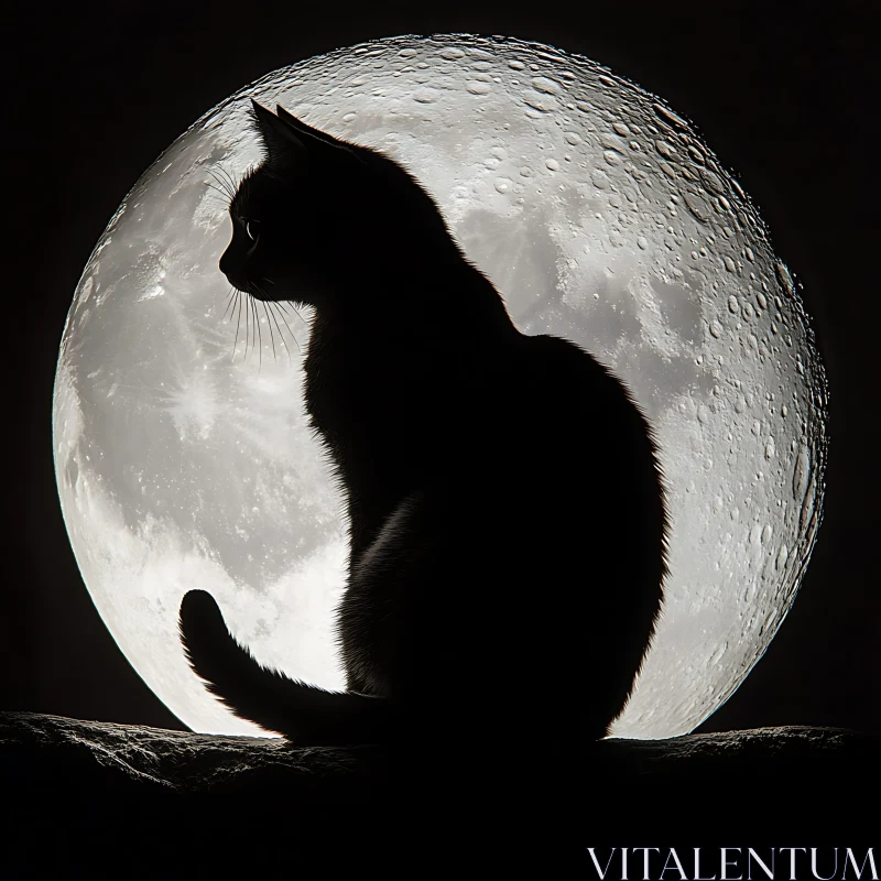 Enigmatic Silhouette of a Cat and the Moon AI Image