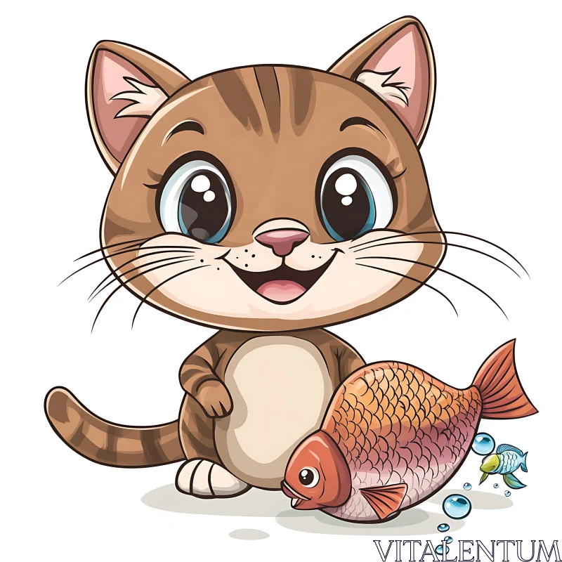 AI ART Adorable Tabby Cat Holding a Colorful Fish Cartoon