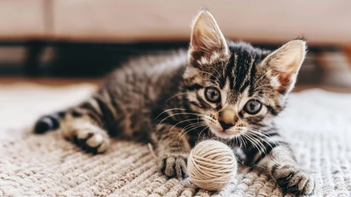 Adorable Tabby Kitten Playing with Yarn