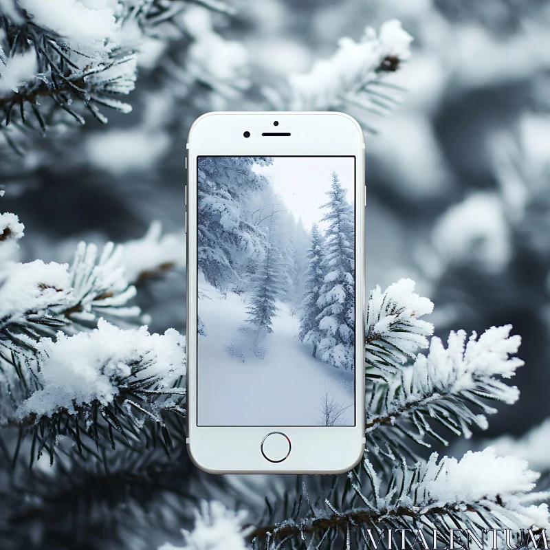 Phone Integrated with Snowy Nature Scene AI Image