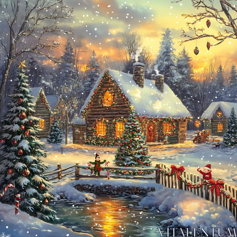 Festive Winter Cabin with Christmas Decorations AI Image