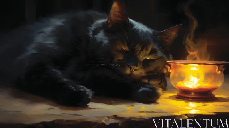 Black Cat Sleeping Next to Candle - Digital Painting AI Image