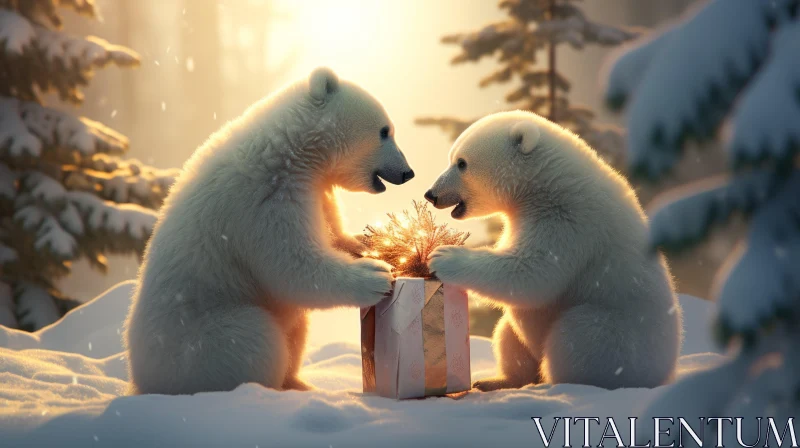 Captivating Polar Bears in the Snow Holding a Gift AI Image
