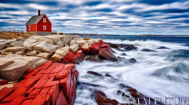 Captivating Red House on Rocks with Crashing Waves - Dynamic Range Photography AI Image
