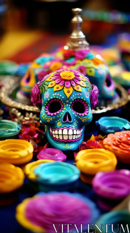 Colorful Sugar Skulls and Flowers Tableau: A Christcore Style Exploration AI Image
