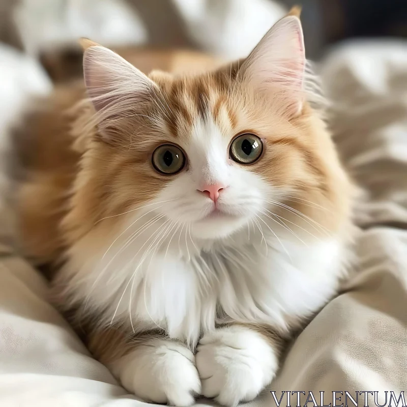 Adorable Fluffy Cat with Green Eyes on Blanket AI Image