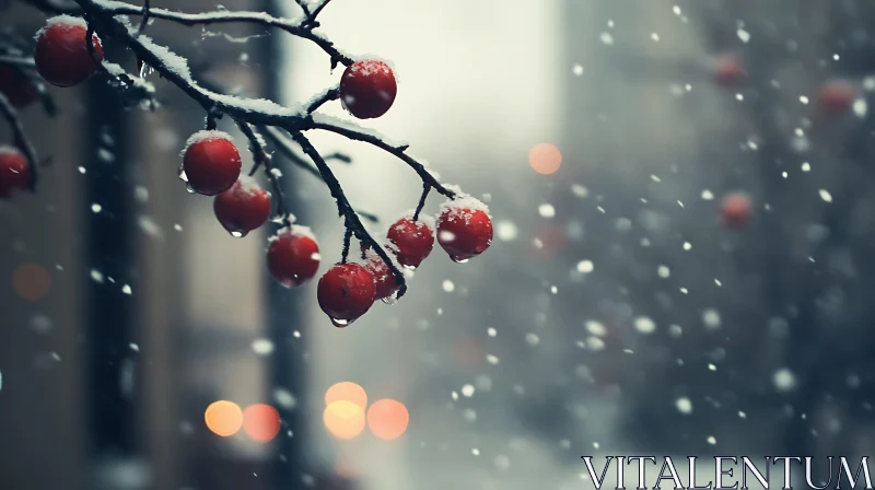 Winter Scene with Red Berries and Snowfall AI Image