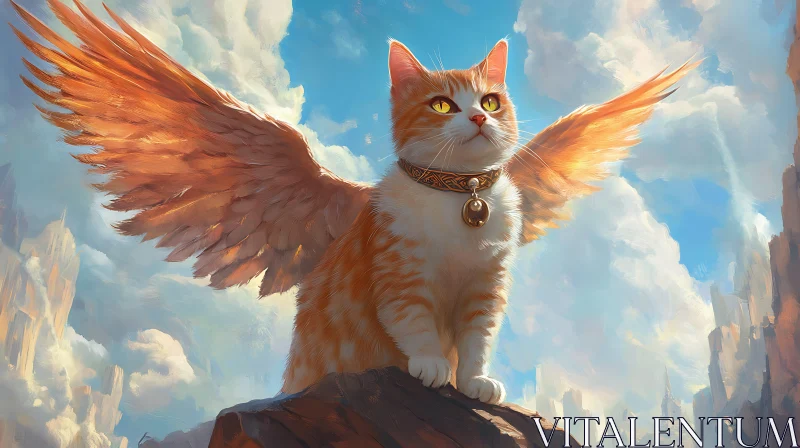 AI ART Fantasy Cat with Golden Wings in a Cloudy Sky