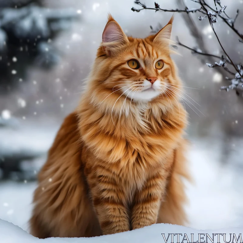 AI ART Serene Ginger Cat in Winter Snow