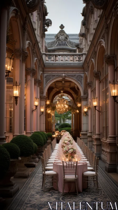Elegant Cityscape - Ornate Building Banquet Setting AI Image