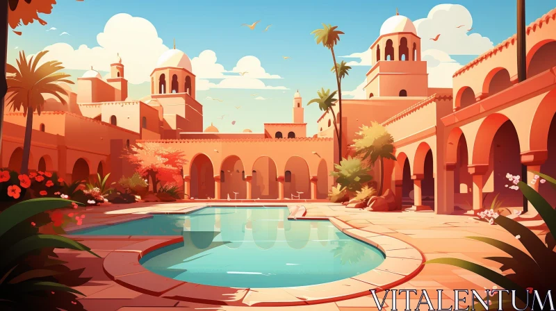 Enchanting Courtyard Illustration in Middle Eastern City AI Image