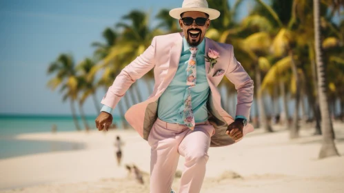 Fashionable Man in Pink Suit Running on Beach