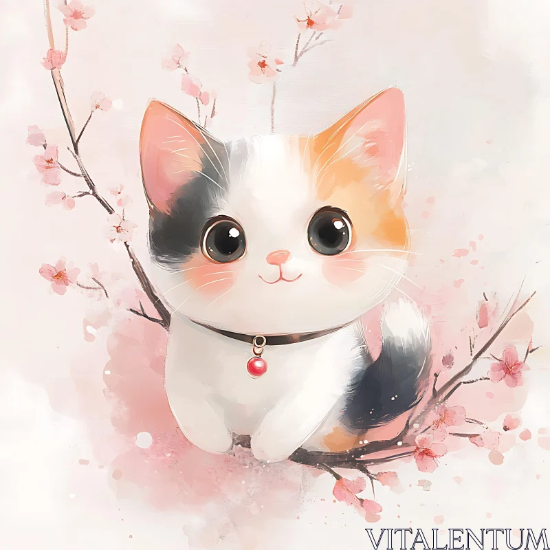 Illustration of Kitten with Cherry Blossoms AI Image